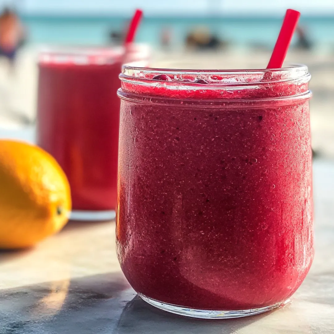 Red smoothie in a glass with a lemon sitting next to it.