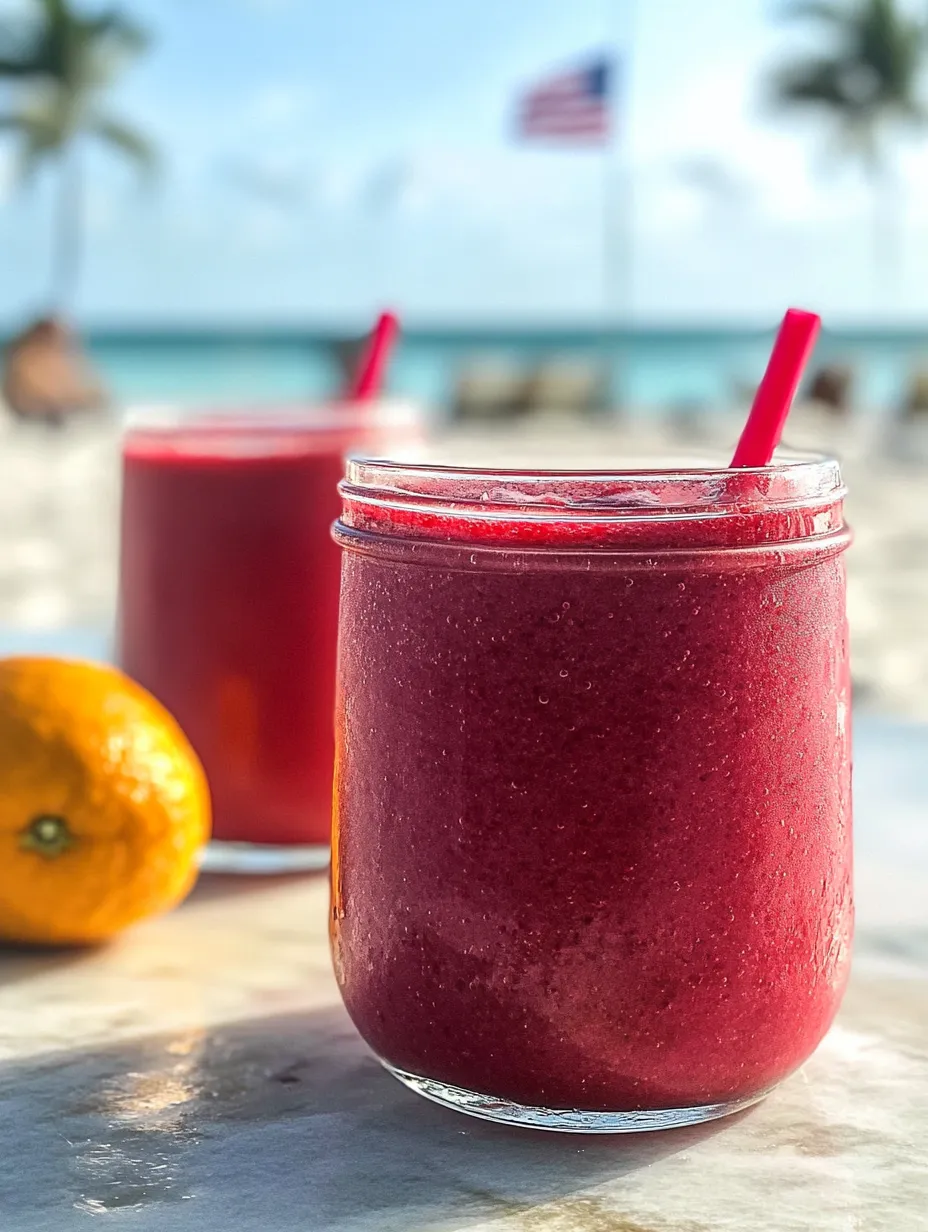 Two glasses of red juice on a table.
