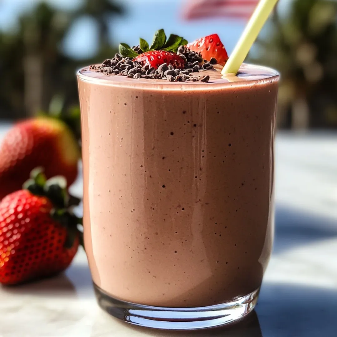 Chocolate milk in a glass with strawberries on top.