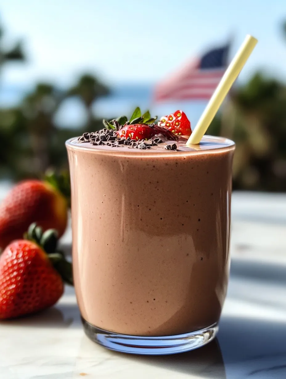 A glass of chocolate milk with strawberries on top.