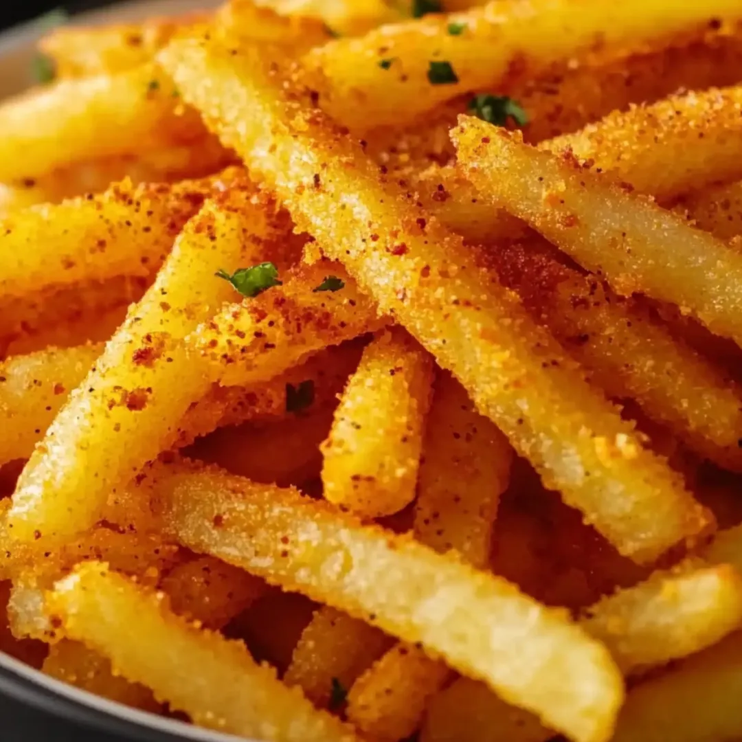 French fries piled in a bowl and topped with fresh parsley.