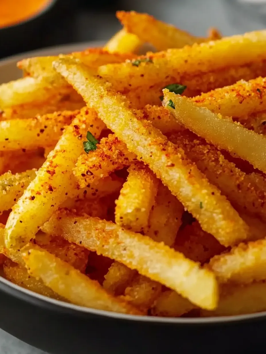 French fries with lots of seasoning on a plate.
