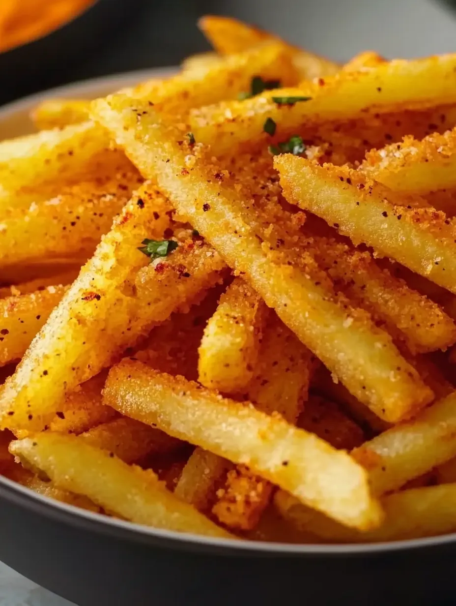 French fries tossed in bold seasonings on a plate.