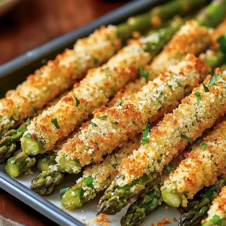 A tray piled high with crispy golden asparagus spears.