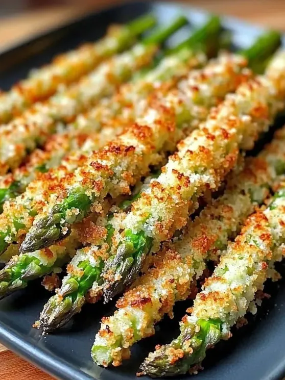 A plate stacked with cheesy baked asparagus spears.
