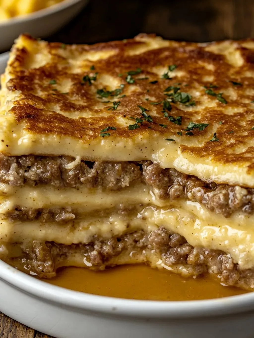 A tasty tower of savory layers with cheese.
