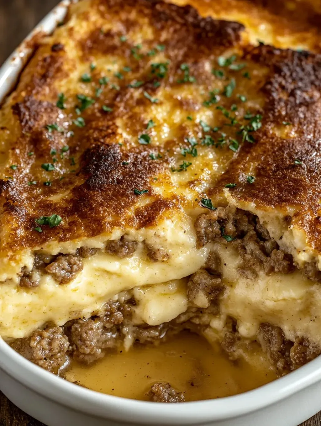 A juicy close-up of a savory bake with cheese.