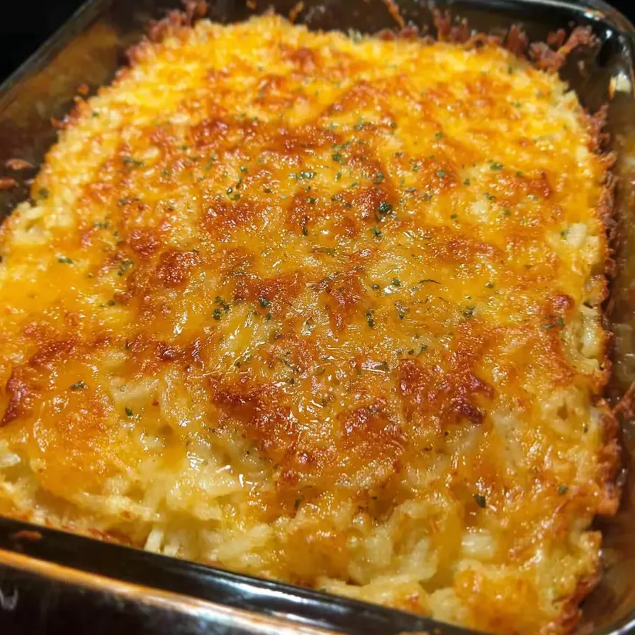 Pan of cheesy food fresh out of the oven.