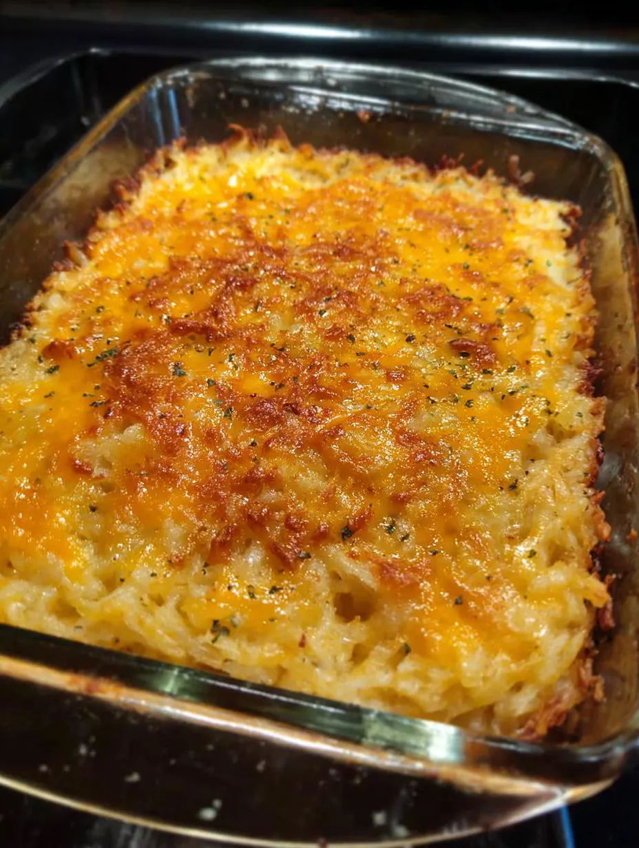 A pan bubbling with cheesy potatoes.