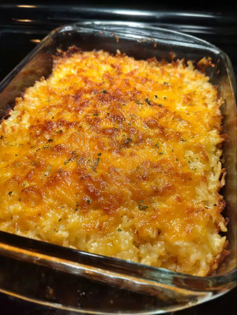 A cheesy potato bake in a pan.