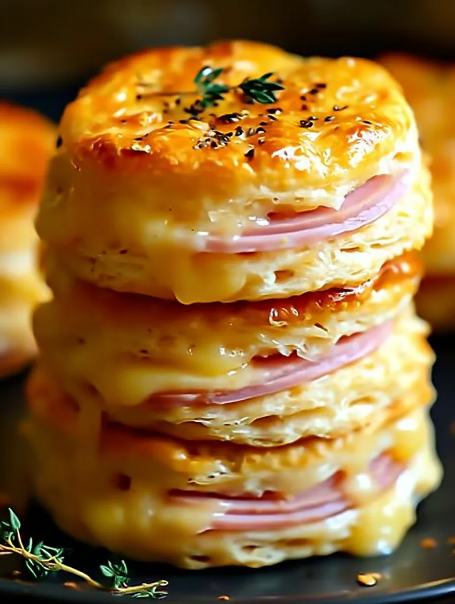 Stacked sandwiches filled with ham and cheese.