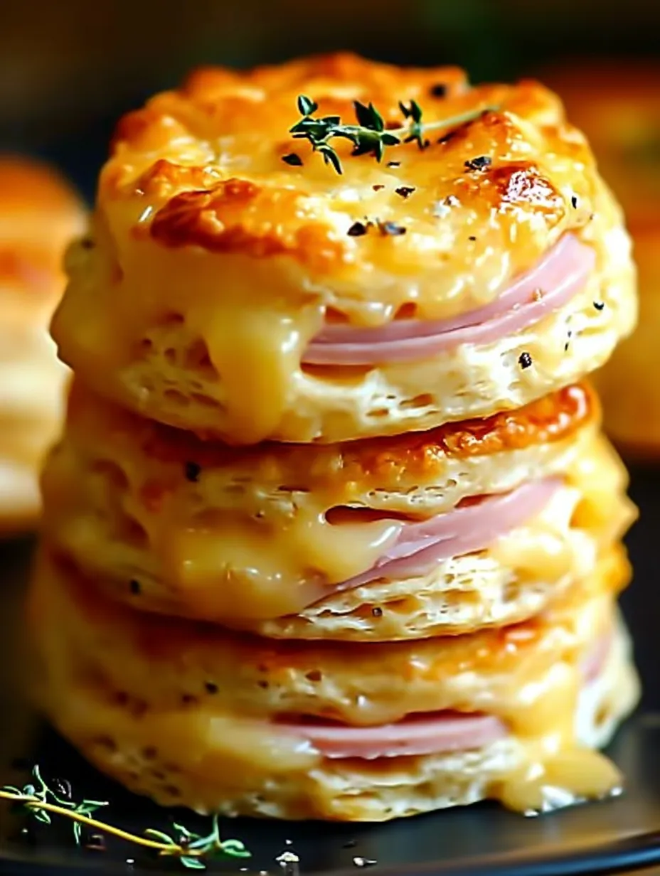 Sandwich stack with melty cheese and slices of ham.