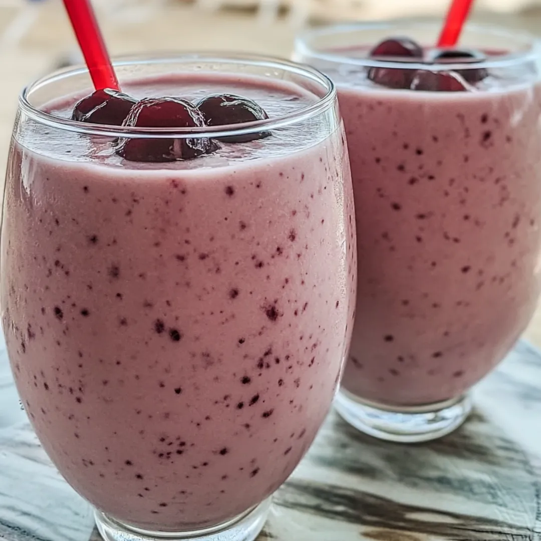 Two glasses filled with a rich berry smoothie.