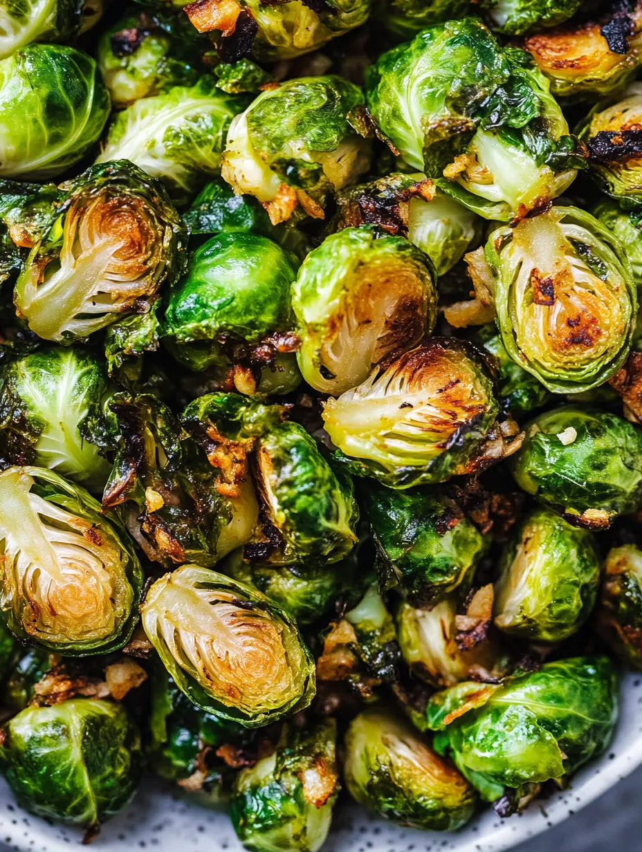 Close up showing a plate of golden Brussels sprouts.