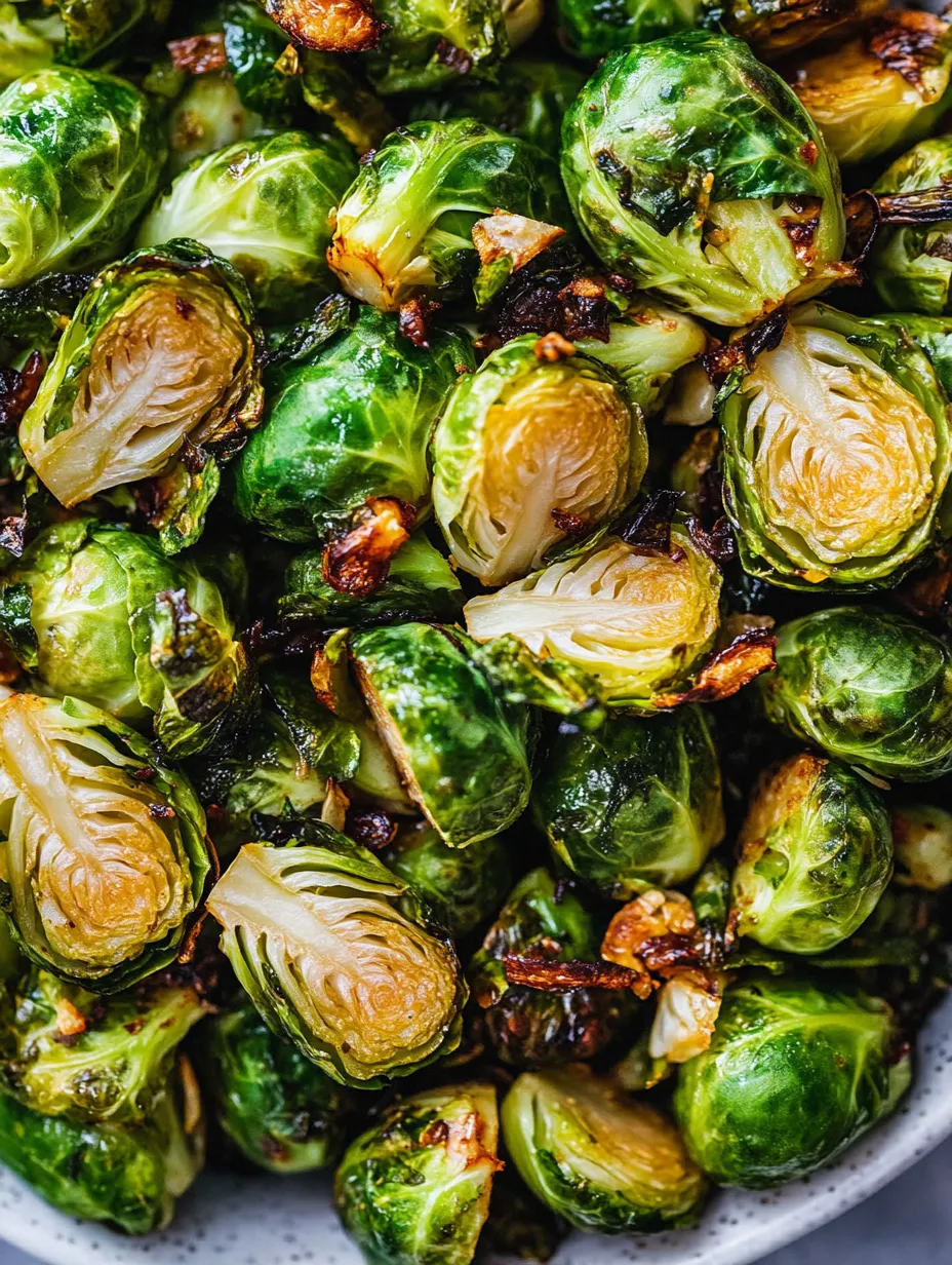 Close up showing a plate of golden Brussels sprouts.
