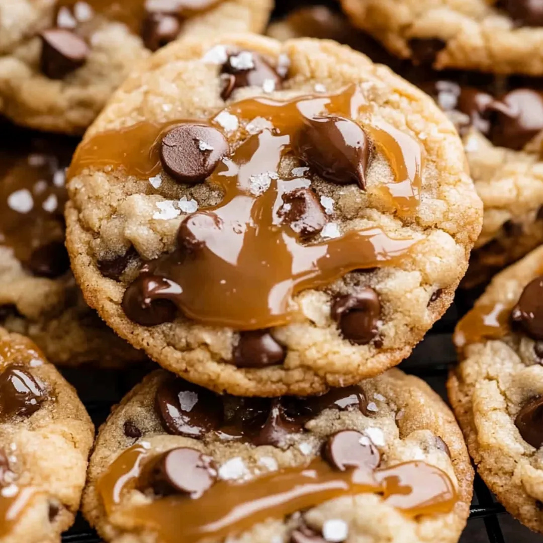 Cookies covered in caramel and chocolate chips.