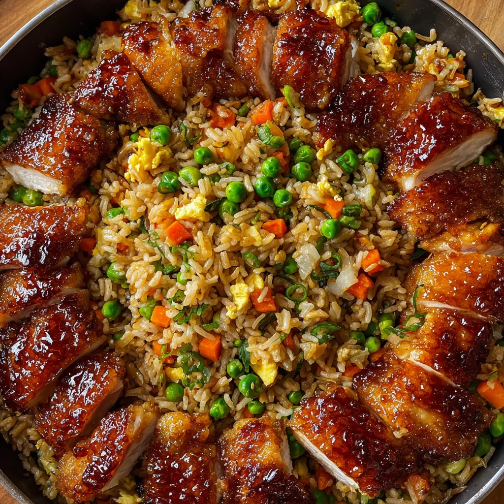 Rice, peas, carrots, and chicken heaped on a plate.
