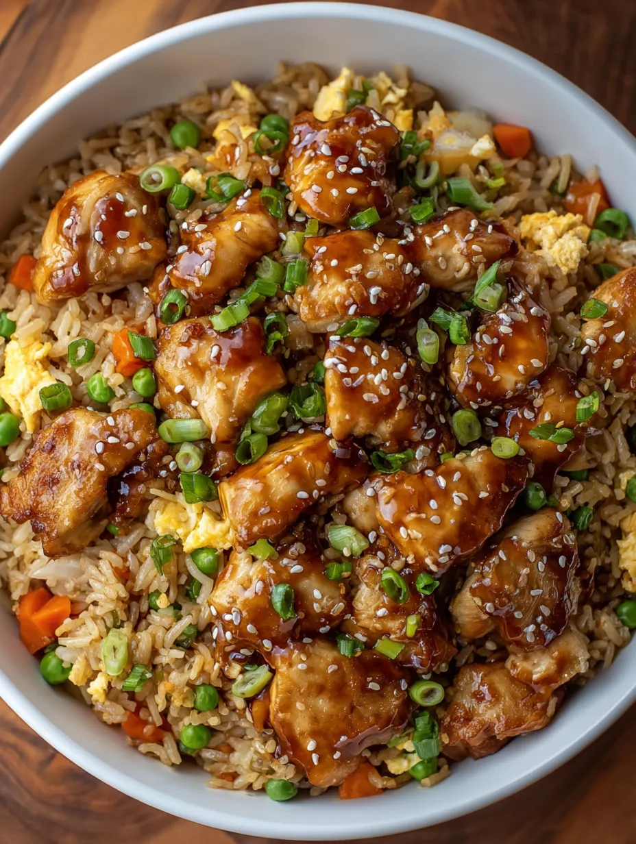 Vivid bowl stacked with chicken and fried rice.