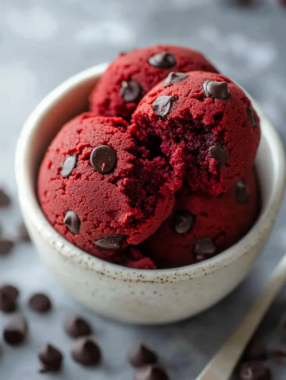 A bowl filled with red velvet dough and mini chocolate chips.