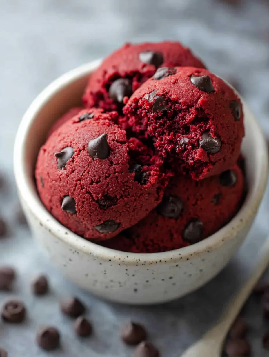 A bowl filled with red velvet dough and mini chocolate chips.