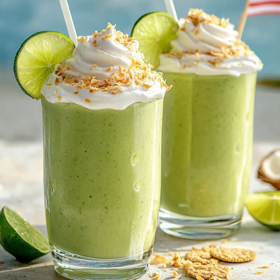 Two glasses filled with green smoothie topped with coconut flakes.