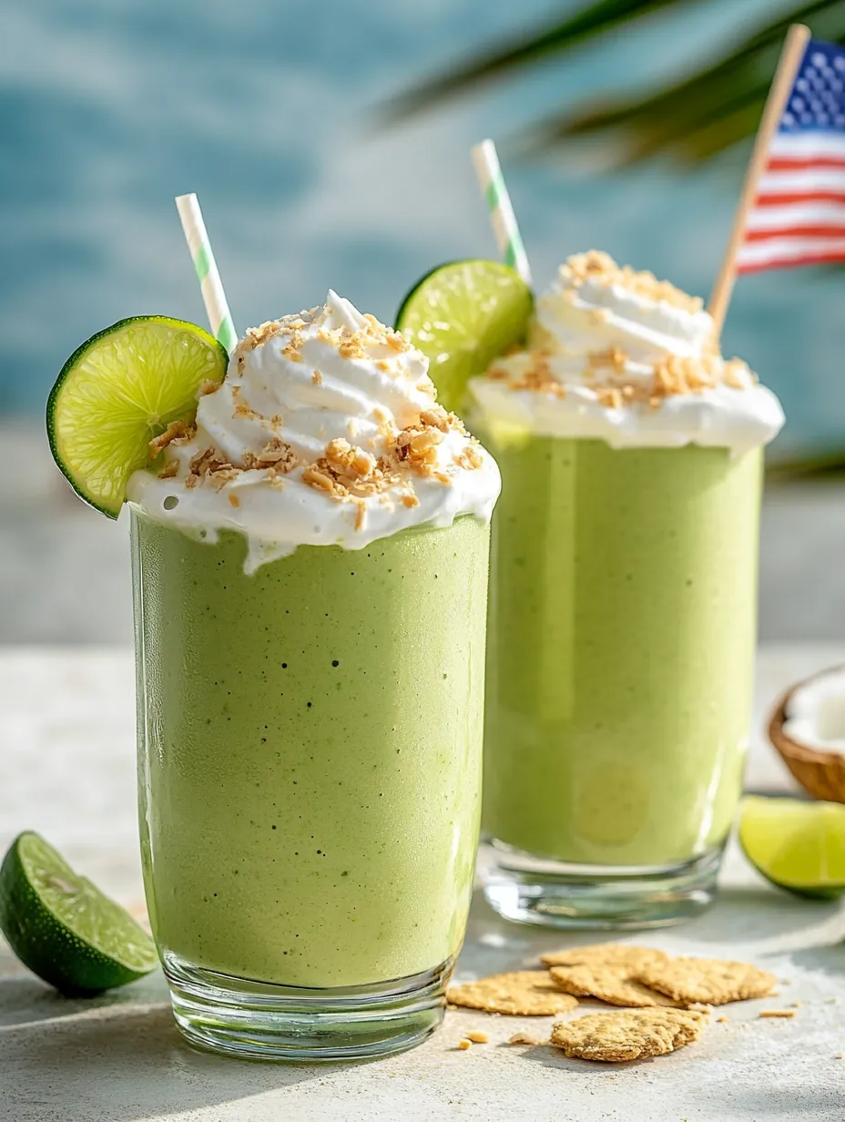 Two glasses of green smoothies with limes and coconut.