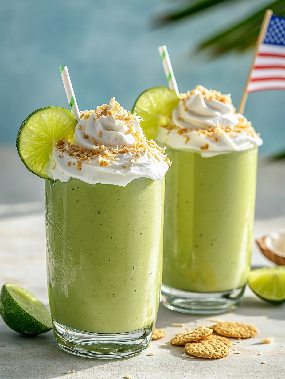 Two glasses of green smoothies with limes on the side.