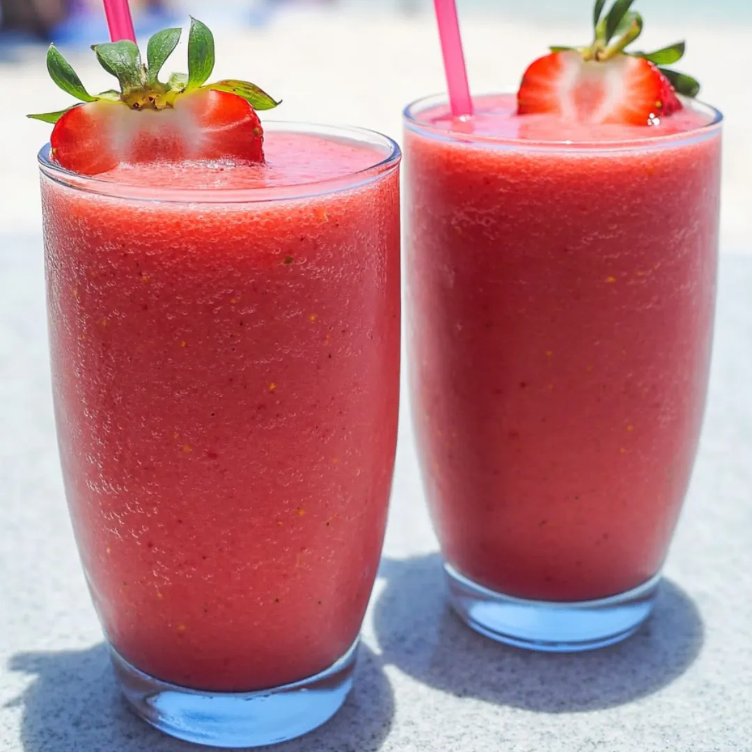 Two glasses of strawberry smoothie.
