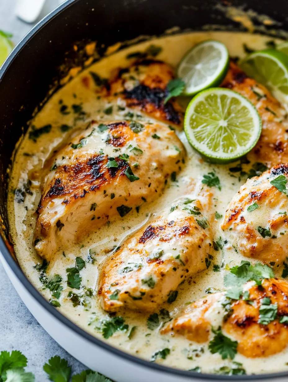 A bowl of chicken with lime wedges on top.