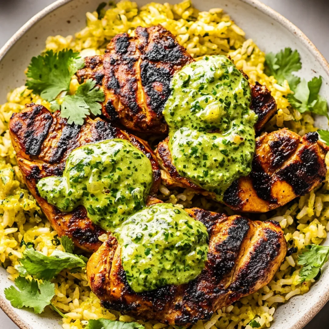 Chicken and rice with green sauce served on a plate.