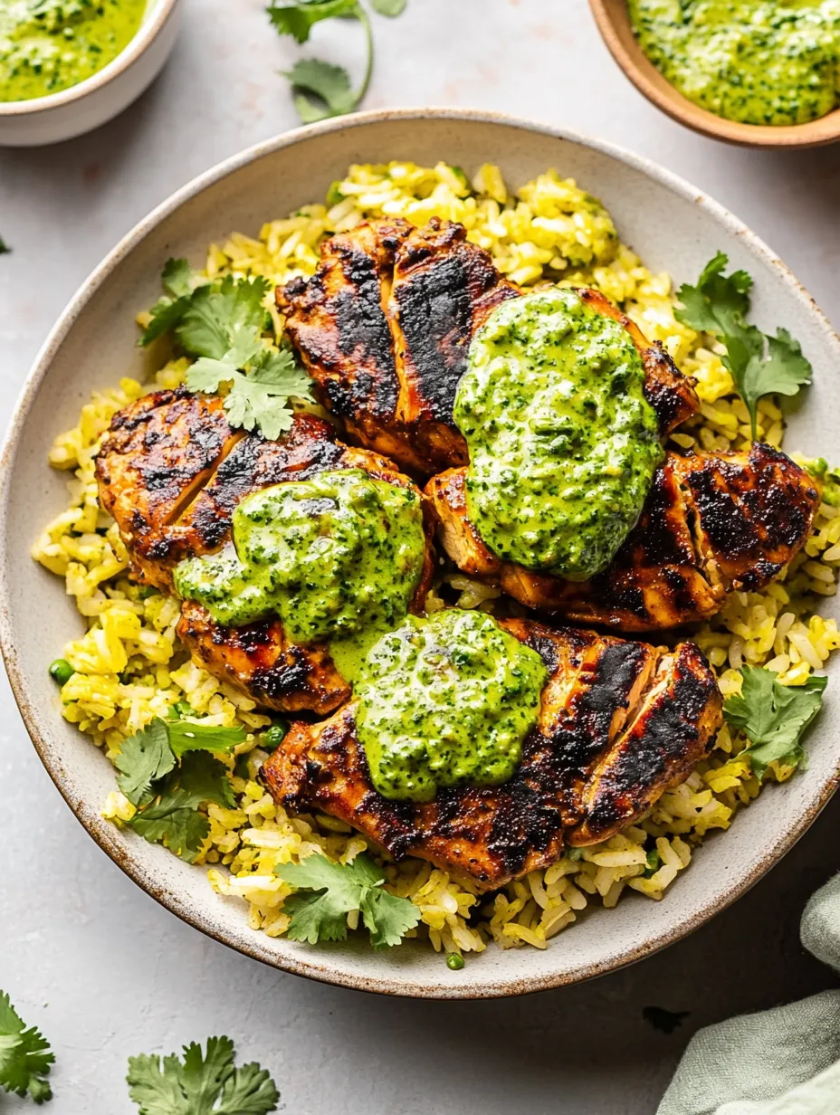 A plate of rice with chicken and green sauce.