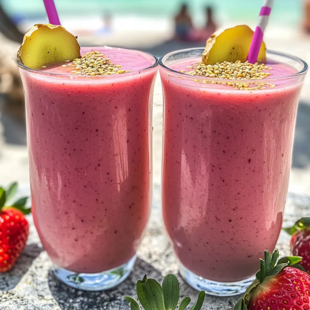 Two glasses filled with strawberry smoothie.