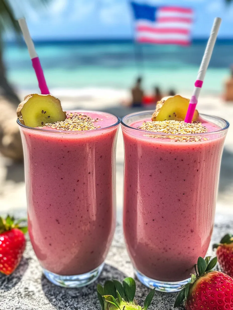 Glasses of strawberry smoothies set out with fresh berries.