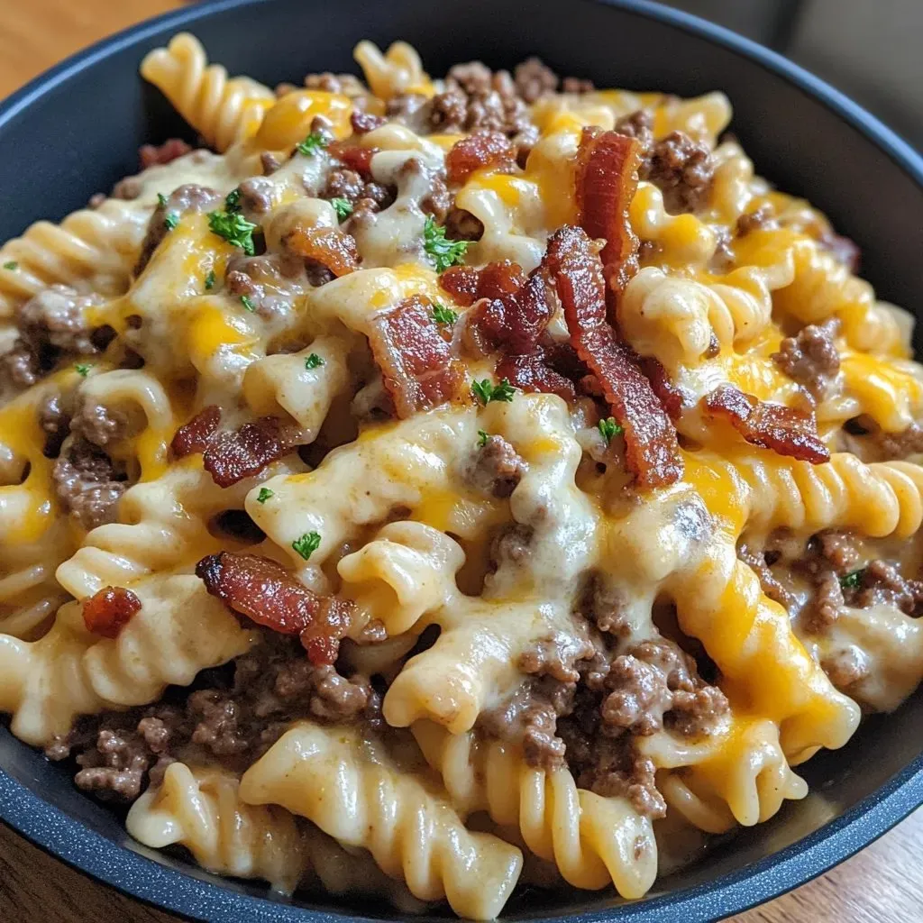 A bowl full of cheesy pasta mixed with beef and bacon.