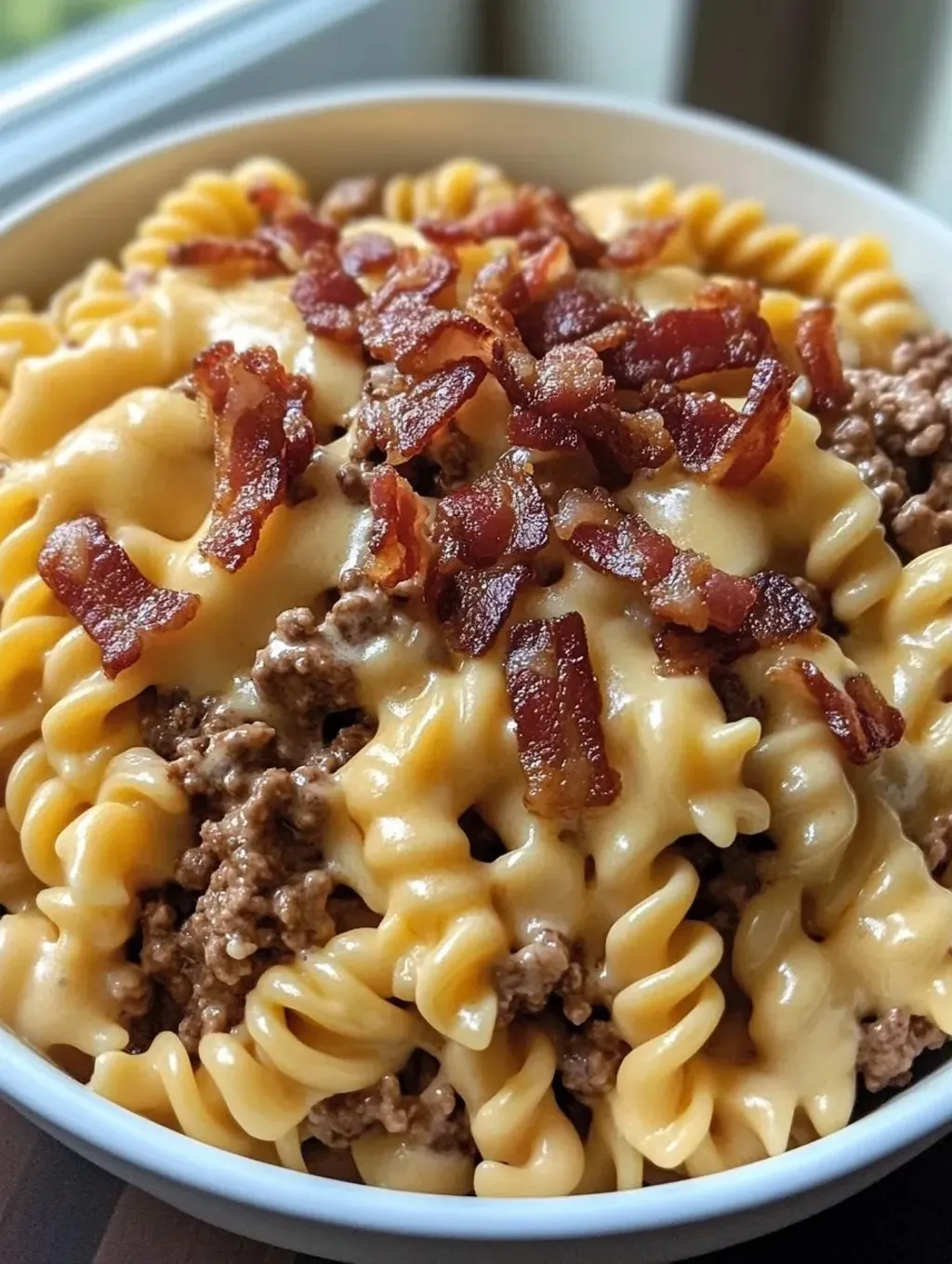 A bowl of pasta with beef bacon and cheese.