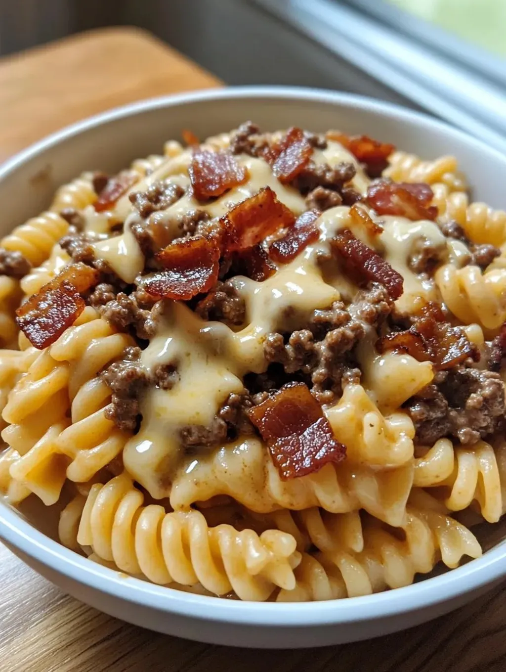 A bowl of pasta with meat and cheese.