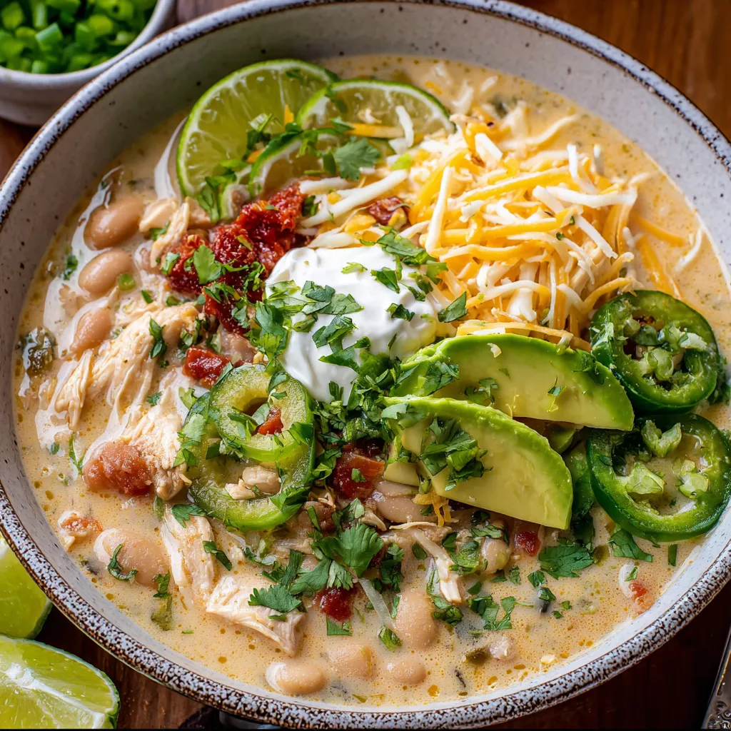 Bowl filled with chicken, beans, avocado, and broth.