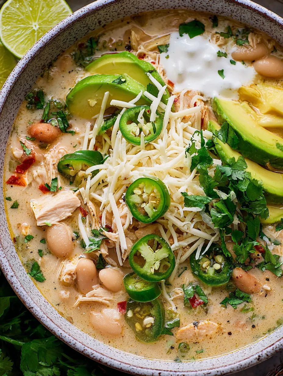 A steaming bowl loaded with chunks of chicken, beans, avocado slices, and jalapeno coins.