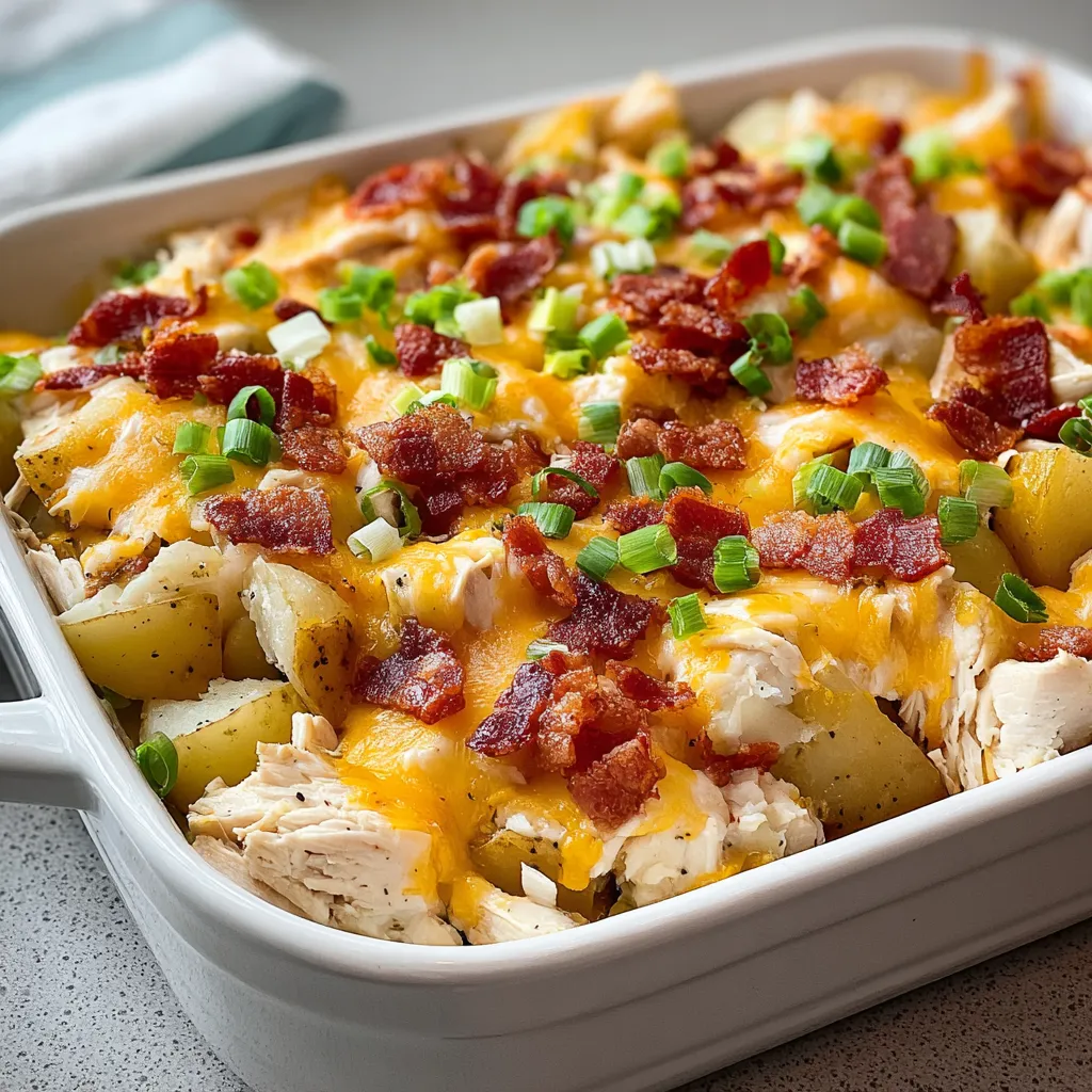 Creamy chicken casserole with crispy bacon and melted cheese in a white bowl.
