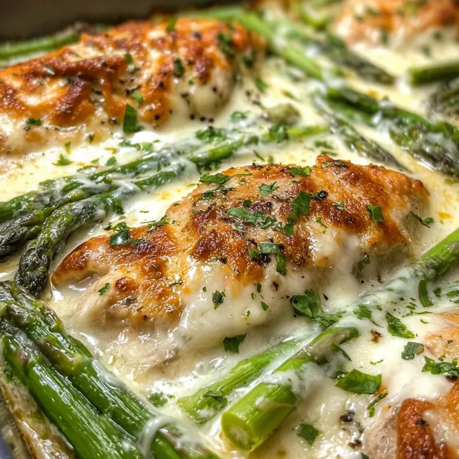 Chicken, asparagus, and melty Parmesan in a serving dish.