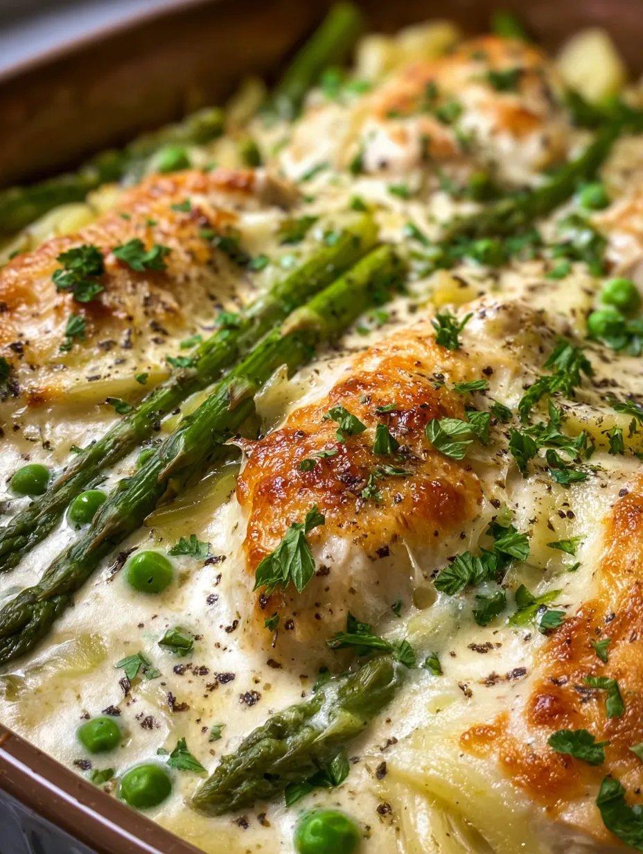 A dish with chicken and asparagus.