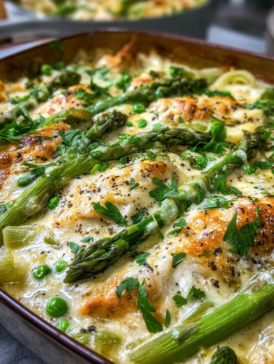 A dish with chicken, asparagus, and cheese.