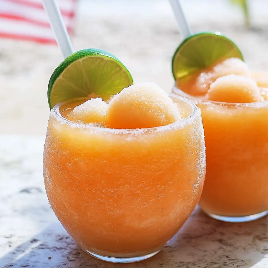 Two glasses of frozen pink drinks with limes on top.