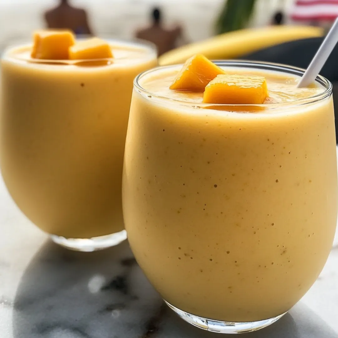 Glasses filled with orange smoothie, topped with peach slices.