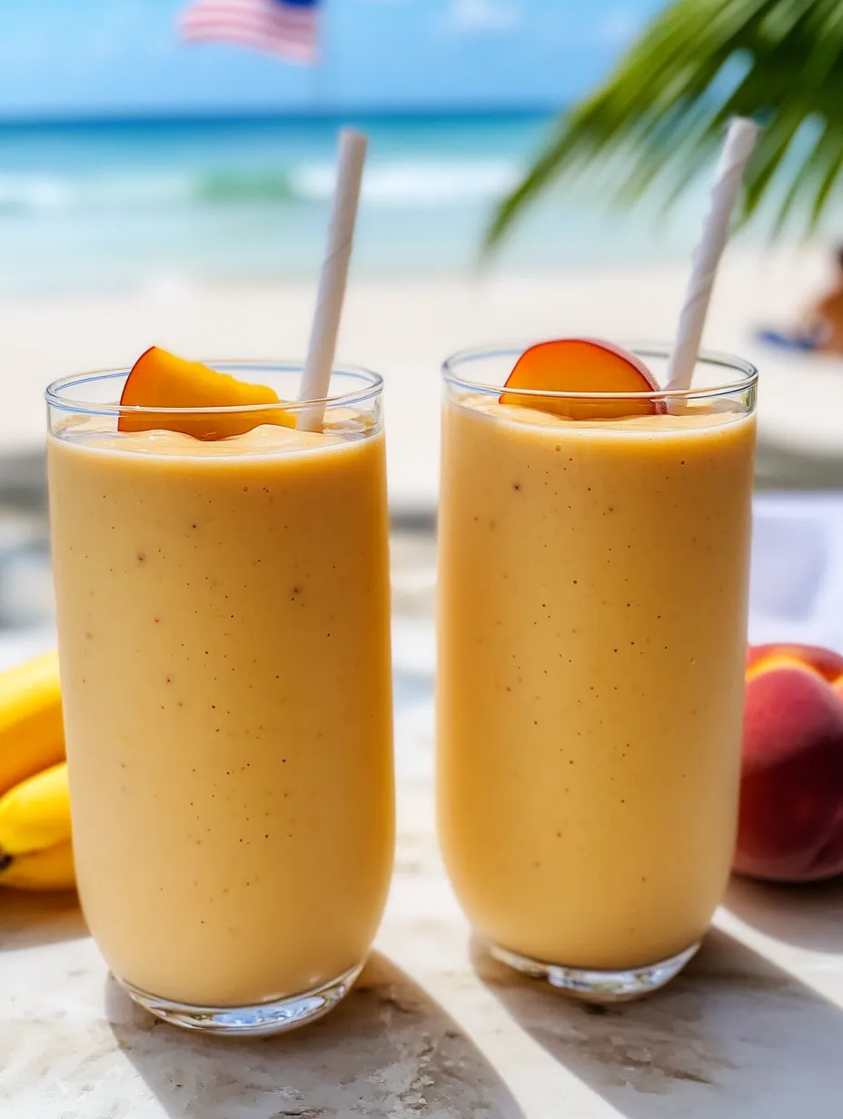 Two glasses of peach smoothie on a table.
