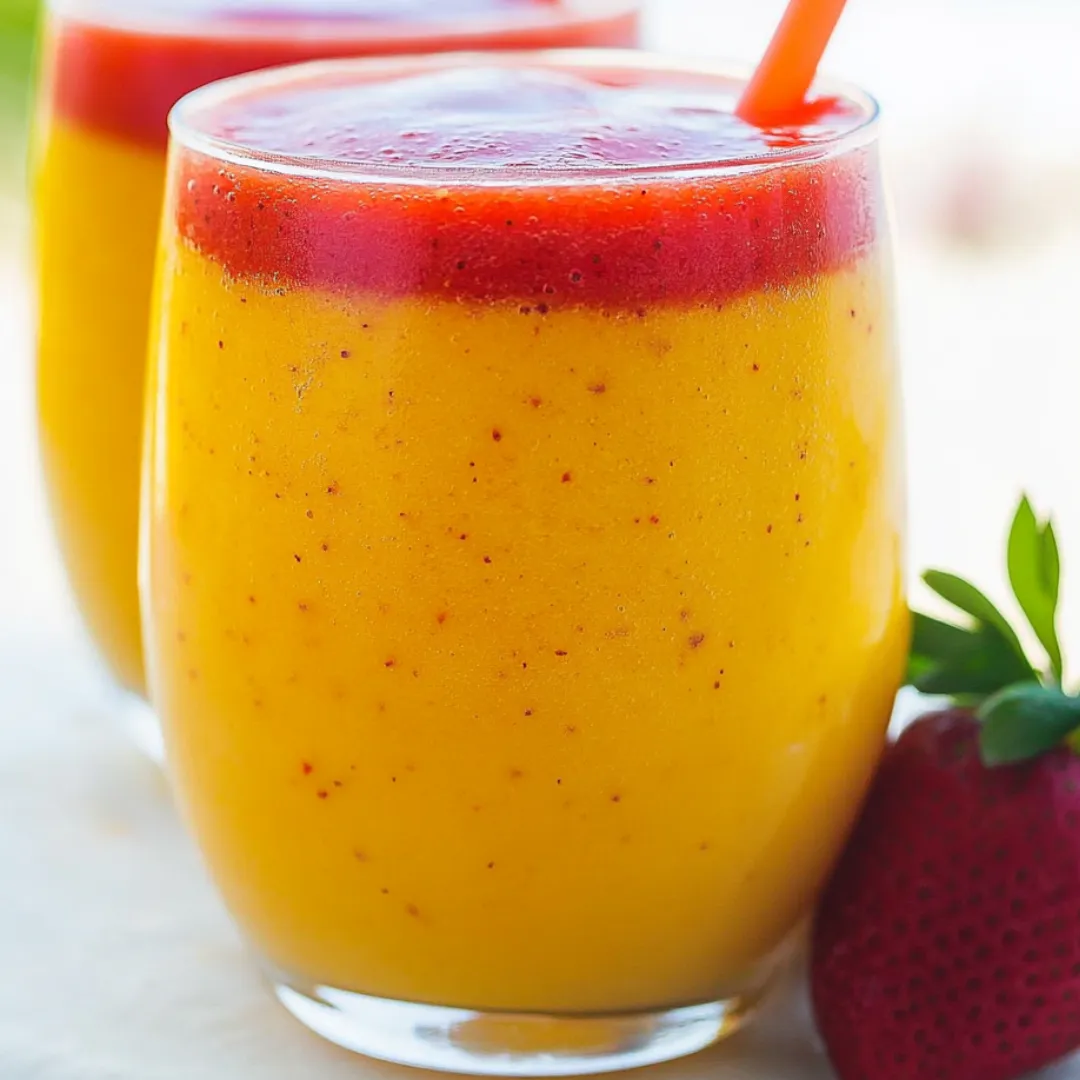 Glass filled with orange mango smoothie and a strawberry on the rim.