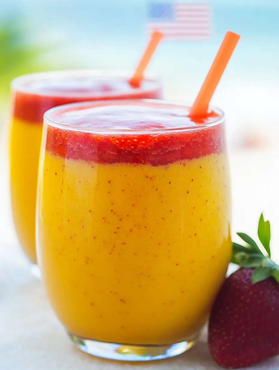 Two glasses filled with orange drinks and a few fresh strawberries next to them.