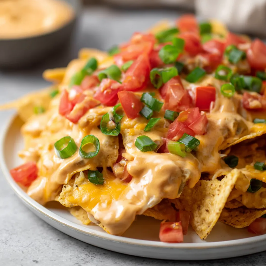 Nachos stacked with cheese and fresh tomatoes.