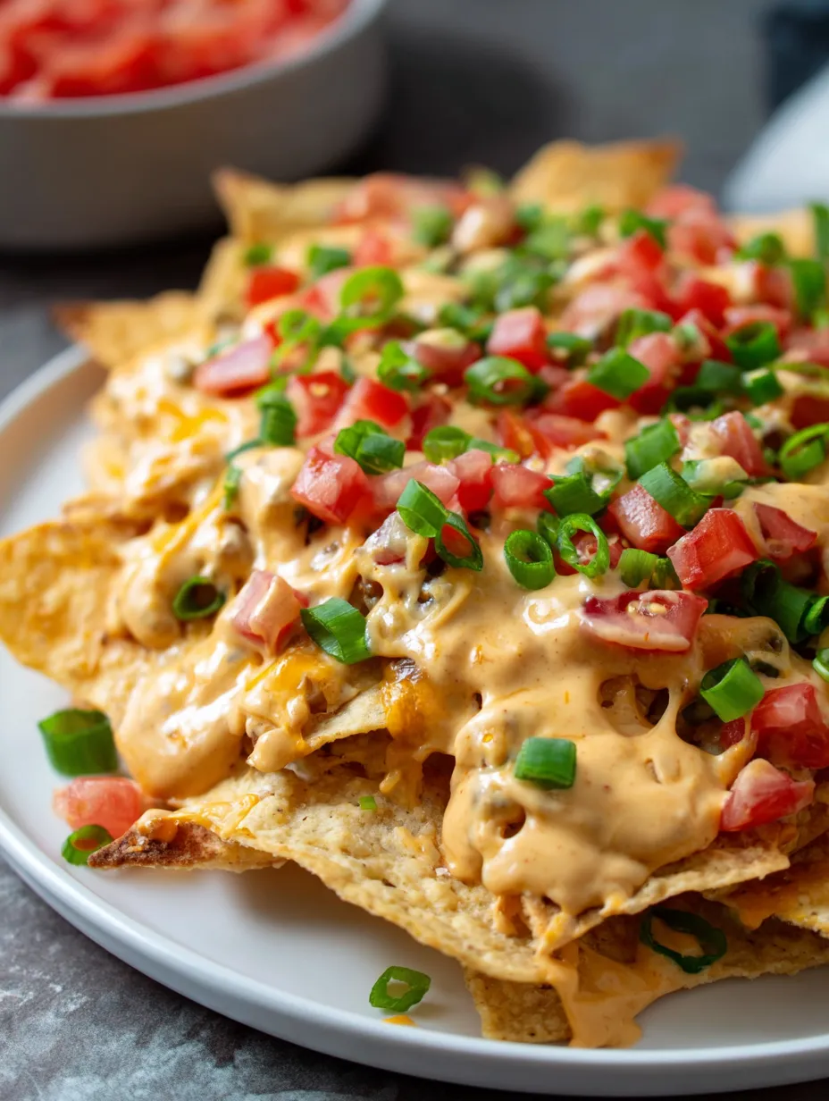 A plate piled high with cheesy nachos and chunks of tomato.