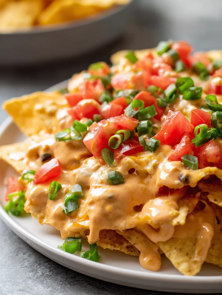 Nachos loaded up with cheese and chunks of tomato.